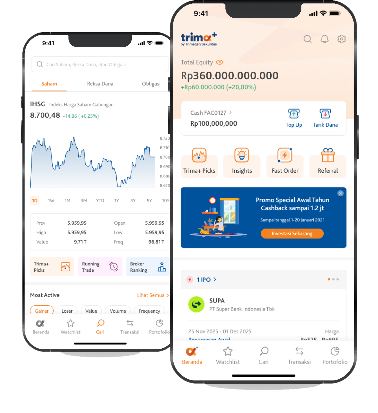 Trima+ Mobile App — Beranda & pencarian saham